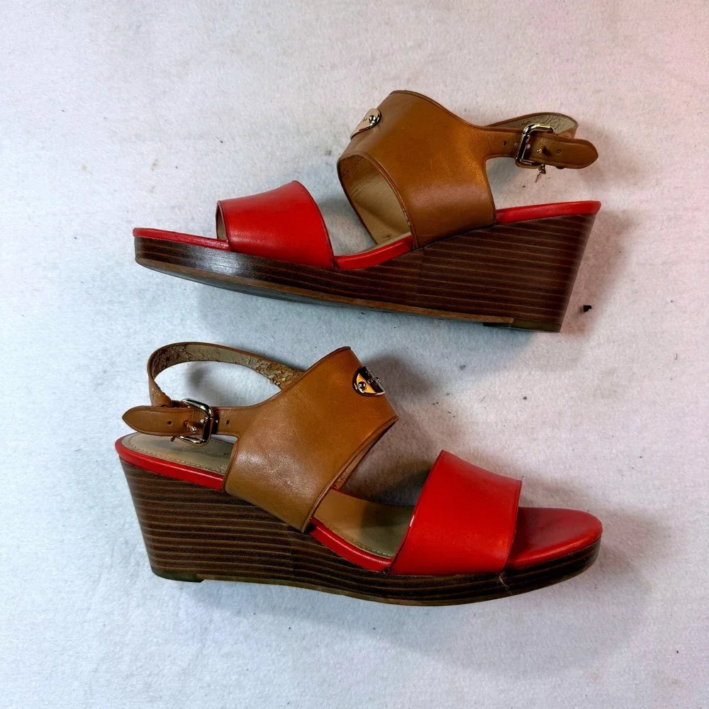 Coach Wedge Sandals Womens 9.5 Red Leather Colorblock Ankle Strap Gold Hardware